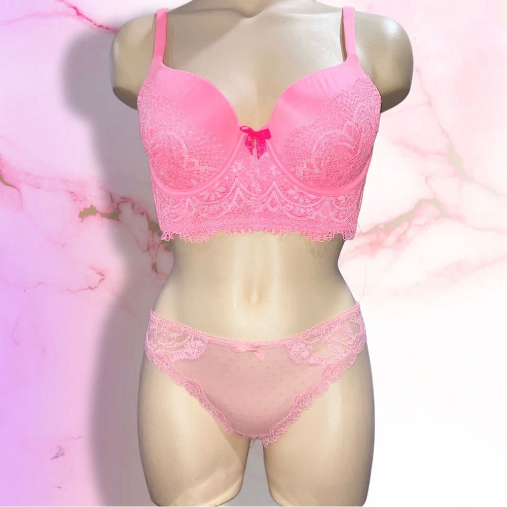 Victoria’s Secret Body Demi Lace Bustier Longline Bra Panty Set Pink Coral 34D S - Picture 2 of 11